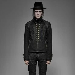 Punk Rave Store Black Rugged Denim Punk Jacket For Men With Removable Sleeves