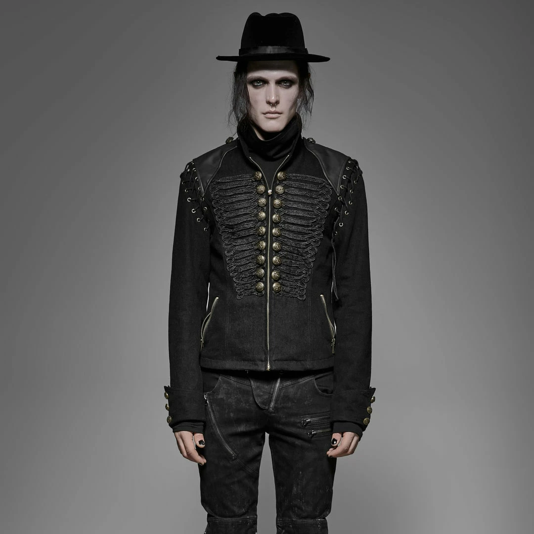 Punk Rave Store Black Rugged Denim Punk Jacket For Men With Removable Sleeves 3 Punk Rave Store Black Rugged Denim Punk Jacket For Men With Removable Sleeves