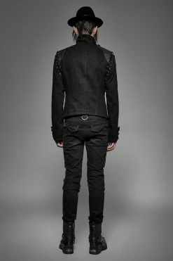 Punk Rave Store Black Rugged Denim Punk Jacket For Men With Removable Sleeves
