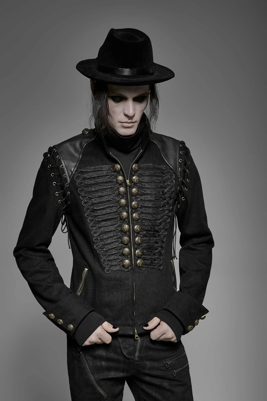 Punk Rave Store Black Rugged Denim Punk Jacket For Men With Removable Sleeves 6 Punk Rave Store Black Rugged Denim Punk Jacket For Men With Removable Sleeves