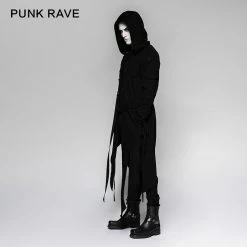 Punk Rave Store Black Men's Hooded Long Sweater Punk Jacket With Stripes