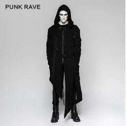 Punk Rave Store Black Men's Hooded Long Sweater Punk Jacket With Stripes