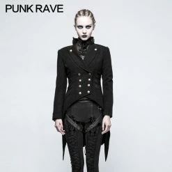 Punk Rave Store Women Swallow Tail Worsted Black Punk Jacket With Bronze Accessories