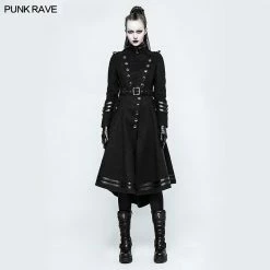 Punk Rave Store Asymmetry Worsted Long Punk Coat Women Black Military Uniform