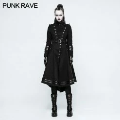 Punk Rave Store Asymmetry Worsted Long Punk Coat Women Black Military Uniform