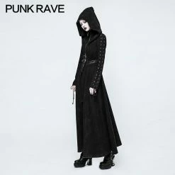 Punk Rave Store Cyber Goth Women Dark Angel Long Gothic Coat Hooded Fake Two Piece