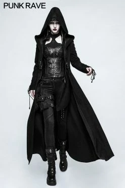 Punk Rave Store Cyber Goth Women Dark Angel Long Gothic Coat Hooded Fake Two Piece