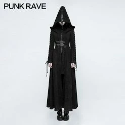 Punk Rave Store Cyber Goth Women Dark Angel Long Gothic Coat Hooded Fake Two Piece