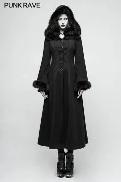 Punk Rave Store Women Disc Flowers Worsted Long Gothic Coat With Hooded