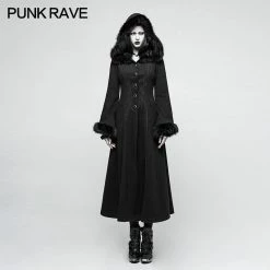 Punk Rave Store Women Disc Flowers Worsted Long Gothic Coat With Hooded