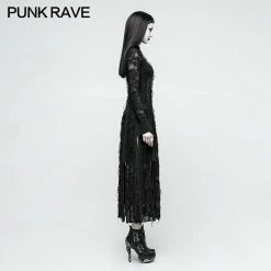 Punk Rave Store Vintage Rose Lace Mesh Black Long Gothic Dresses With Multi-split Design