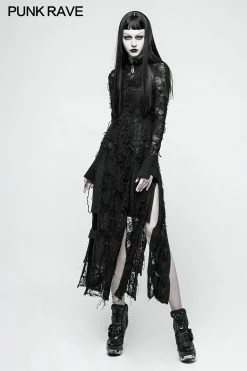 Punk Rave Store Vintage Rose Lace Mesh Black Long Gothic Dresses With Multi-split Design