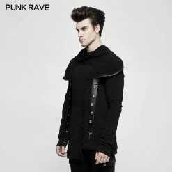 Punk Rave Store Spliced Thread Knitted Hooded Punk Sweaters Mysterious Warrior Design