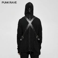 Punk Rave Store Spliced Thread Knitted Hooded Punk Sweaters Mysterious Warrior Design