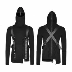 Punk Rave Store Spliced Thread Knitted Hooded Punk Sweaters Mysterious Warrior Design