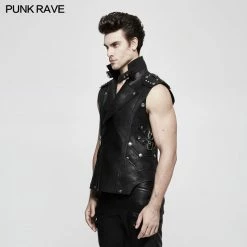 Punk Rave Store Personality Punk Coat Heavy Leather Sleeveless Waistcoat For Men