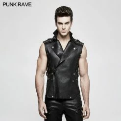 Punk Rave Store Personality Punk Coat Heavy Leather Sleeveless Waistcoat For Men