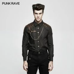 Punk Rave Store Handsome Striped Punk Shirt With Free Hanging Metal Chain
