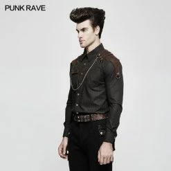 Punk Rave Store Handsome Striped Punk Shirt With Free Hanging Metal Chain