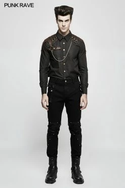 Punk Rave Store Handsome Striped Punk Shirt With Free Hanging Metal Chain