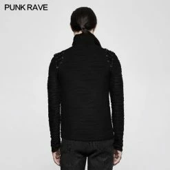 Punk Rave Store Stereo Stripe Elastic Knitted Gothic T-shirts With High Neck Collar Gothic Mens T-shirt