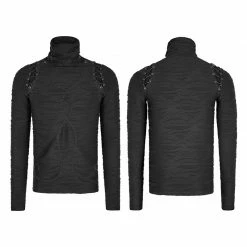 Punk Rave Store Stereo Stripe Elastic Knitted Gothic T-shirts With High Neck Collar Gothic Mens T-shirt