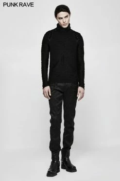 Punk Rave Store Stereo Stripe Elastic Knitted Gothic T-shirts With High Neck Collar Gothic Mens T-shirt