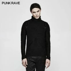 Punk Rave Store Stereo Stripe Elastic Knitted Gothic T-shirts With High Neck Collar Gothic Mens T-shirt
