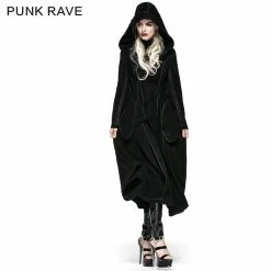 Punk Rave Store Gothic Lolita Winter Woolen Long Black Gothic Coat For Women Two Wear Imitation Fur Coat