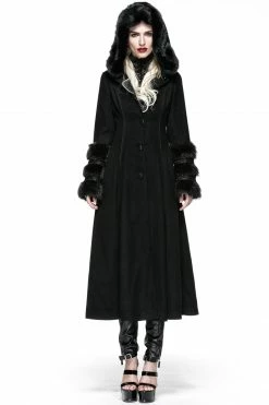 Punk Rave Store Gothic Lolita Winter Woolen Long Black Gothic Coat For Women Two Wear Imitation Fur Coat