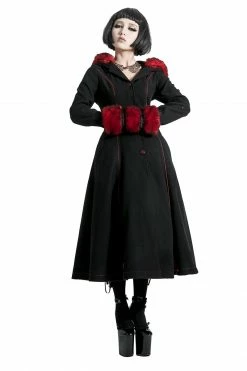Punk Rave Store Gothic Lolita Winter Woolen Long Black Gothic Coat For Women Two Wear Imitation Fur Coat