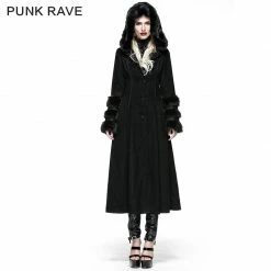 Punk Rave Store Gothic Lolita Winter Woolen Long Black Gothic Coat For Women Two Wear Imitation Fur Coat