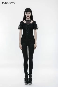 Punk Rave Store Gorgeous Stretch Blouse Short Sleeve Gothic T-shirt With Lace