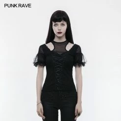 Punk Rave Store Gorgeous Stretch Blouse Short Sleeve Gothic T-shirt With Lace