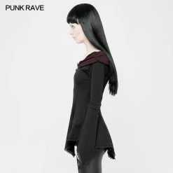 Punk Rave Store Women Retro Boat Neck Gothic T-shirt With Detachable Brooch