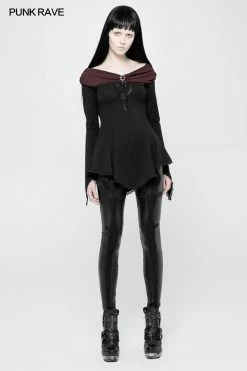 Punk Rave Store Women Retro Boat Neck Gothic T-shirt With Detachable Brooch