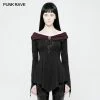 Punk Rave Store Women Retro Boat Neck Gothic T-shirt With Detachable Brooch