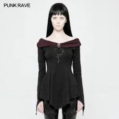 Punk Rave Store Women Retro Boat Neck Gothic T-shirt With Detachable Brooch