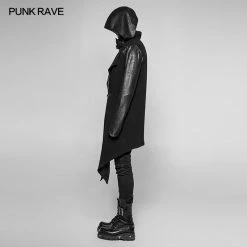 Punk Rave Store Dark Punk Leather Crack Knit Stitching Hooded Cardigan
