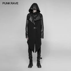 Punk Rave Store Dark Punk Leather Crack Knit Stitching Hooded Cardigan