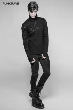 Punk Rave Store Decadent Punk S-shaped Zipper Knitting T-shirt Personality Mosaic High Collar Sweater