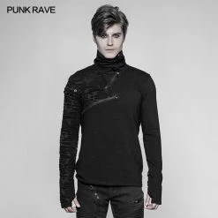 Punk Rave Store Decadent Punk S-shaped Zipper Knitting T-shirt Personality Mosaic High Collar Sweater