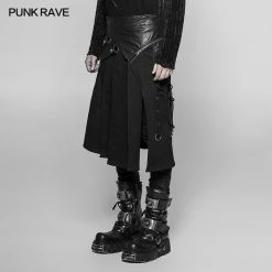 Punk Rave Store Men's Dark Punk Leather Splicing Personality Pleated Skirt