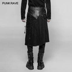 Punk Rave Store Men's Dark Punk Leather Splicing Personality Pleated Skirt