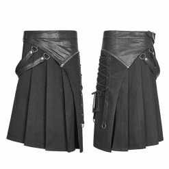 Punk Rave Store Men's Dark Punk Leather Splicing Personality Pleated Skirt
