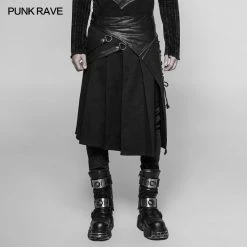 Punk Rave Store Men's Dark Punk Leather Splicing Personality Pleated Skirt