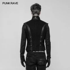 Punk Rave Store Men's Rough Leather Splicing Stand Collar Punk Vest