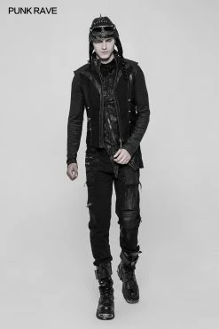 Punk Rave Store Men's Rough Leather Splicing Stand Collar Punk Vest