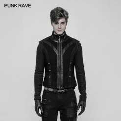 Punk Rave Store Men's Rough Leather Splicing Stand Collar Punk Vest
