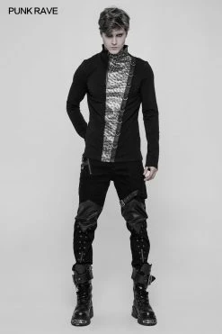 Punk Rave Store Punk Mens T Shirts Steampunk Metal Rivet Embossing Knitting T-shirt For Men